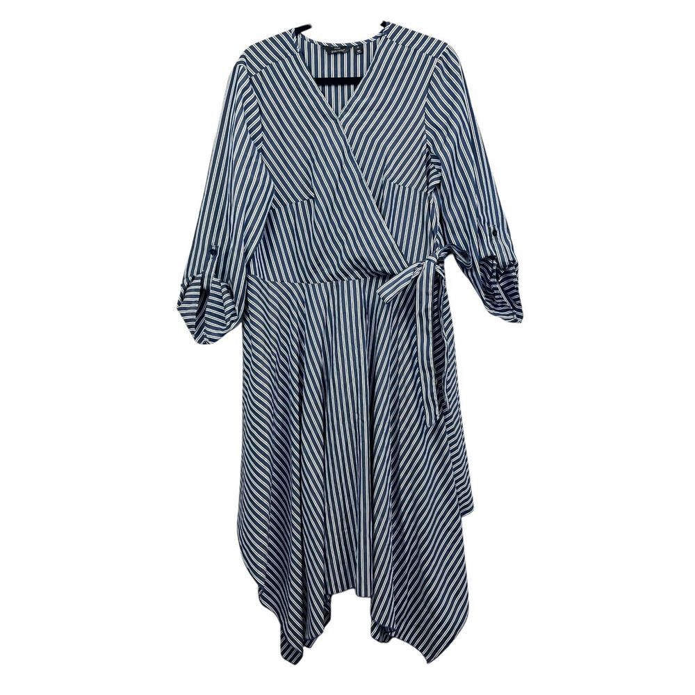 Mlle Gabrielle Womens Midi Dress Faux Wrap Striped Handkerchief Hem Blue Sz 1X*